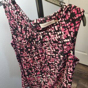 Calvin Klein Small Pink/Black/White Pleated Neckline with Keyhole Back Blouse